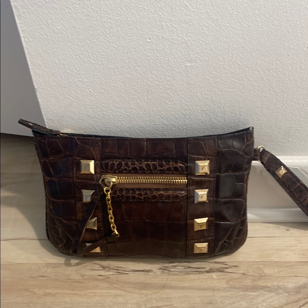 Temperley London Brown Crocodile-Embossed Wristlet